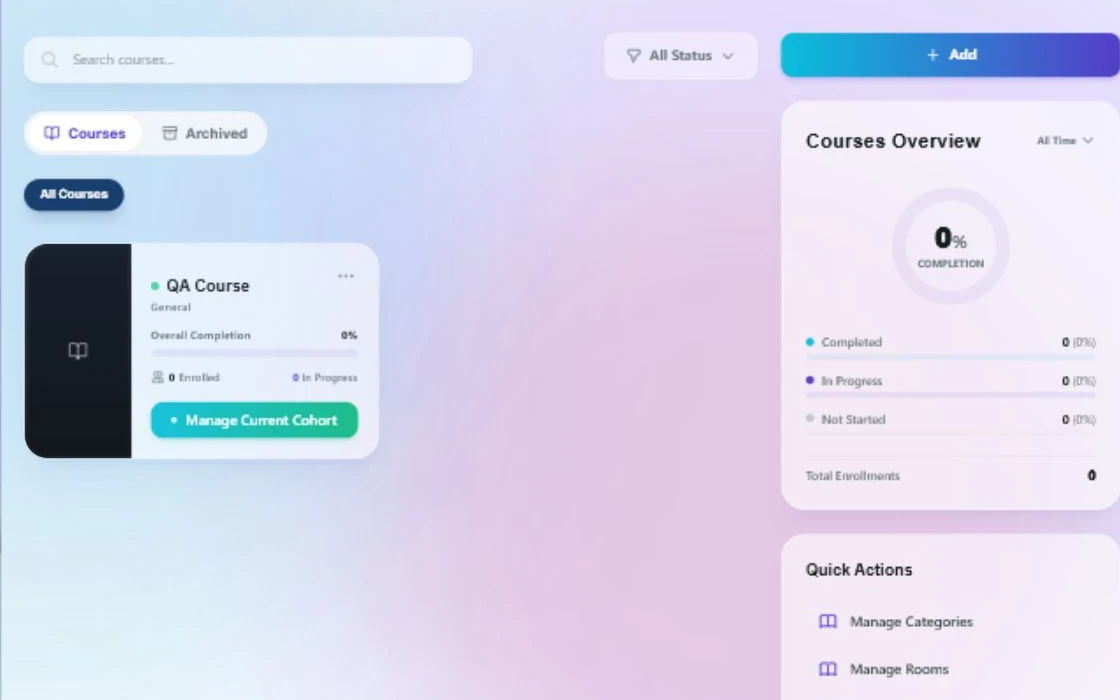Keryo Academy — Manage reusable courses and the Classes that deliver them through scheduled Sessions.