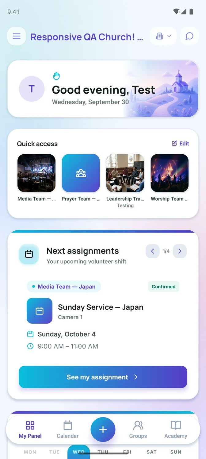 Keryo mobile app: My Panel with quick access and the next serving shift